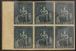 1852-55 NHM MARGINAL BLOCK OF 6 Slate- Blue Britannia (no Value) unissued (SG 5a) Never Hinged Mint Marginal Block Of 6  - Barbados (...-1966)