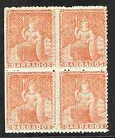 1861-70 (4d) Dull Vermilion, No Wmk, Rough Perf 14 - 16, Britannia, SG 28, Fine Mint BLOCK OF FOUR With Straight Edge At - Barbades (...-1966)