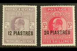 1902 - 05 12pi On 2s6d Lilac And 24pi On 5s Bright Carmine, SG 11/12, Very Fine And Fresh Mint. (2 Stamps) For More Imag - Britisch-Levant