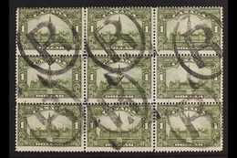 1928-29 $1 Olive-green Parliament Buildings, SG 285, Used BLOCK Of 9 Cancelled By Large "R" In Oval Registration Cancels - Altri & Non Classificati