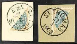 1873-1902 BISECTS 4c Pale Blue & Yellow-brown Perf 12½ BISECTED DIAGONALLY Both Upper & Lower Parts, SG 33b, Superb Cds  - Danish West Indies