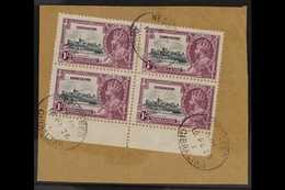 1935 SILVER JUBILEE VARIETY 1s Slate & Purple Marginal Block Of 4 Tied To A Small Piece Bearing The "EXTRA FLAGSTAFF" Va - Gibraltar