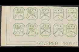 PARMA FORGERIES. 1859 5c Green (as Sassone 13) Corner Block Of 10 On Gummed Paper Showing "Governo Provvi" Imprint. (10  - Non Classificati