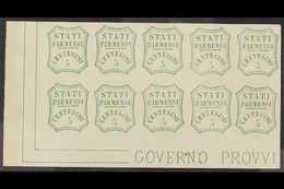 PARMA FORGERIES. 1859 5c Green (as Sassone 13) Corner Block Of 10 On Gummed Paper Showing "Governo Provvi" Imprint. (10  - Sin Clasificación