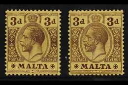 1914-21 3d Purple On Orange Buff, SG 78a, Plus SG 78, Fine Mint. (2) For More Images, Please Visit Http://www.sandafayre - Malta (...-1964)