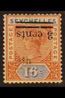 1901 3c On 16c Chestnut And Ultramarine, SURCHARGE INVERTED, SG 38a, Unused, With Unusual Partial Offset On Front Due To - Seychelles (...-1976)