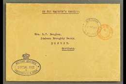 1915 (11 Oct) Stampless OHMS Cover To Scotland, Bearing "Windhuk" & Red "Cape Town Official Paid" Cds's And Superb Blue  - Südwestafrika (1923-1990)