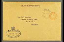 1915 (11 Oct) Stampless OHMS Cover To Scotland, Bearing "Windhuk" & Red "Cape Town Official Paid" Cds's And Superb Blue  - South West Africa (1923-1990)