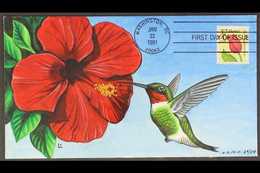 HAND PAINTED FIRST DAY COVER 1991 Flower "F" Stamp, Scott 2517, Used On Hand Painted FDC Showing A Hummingbird And Hibis - Autres & Non Classés