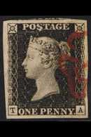 1840 1d Black, Lettered "T A", SG 2, Very Fine Used With Four Good To Large Margins Showing Small Part Of Stamp To Top,  - Unclassified