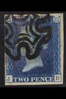 1840 2d Deep Full Blue, Lettered "J D", Plate 2, SG 4, Good Used With Four Margins And Black MX Cancellation. For More I - Altri & Non Classificati