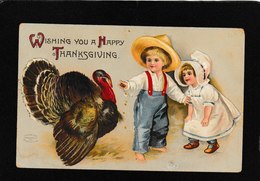 Ellen Clapsaddle - Cute Boy And Girl Feeding A Turkey - Antique Postcard - Clapsaddle