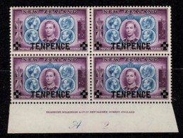 New Zealand 1944 Centennial TENPENCE Overprint On 1 1/2d MNH Imprint Block Of 4 MNH - Ungebraucht