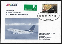 1998 - SVERIGE - Cover 1st Flight Stockholm-Amsterdam + Michel 1917 [Alfred Nobel] + STOCKHOLM - Brieven En Documenten