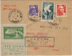 FRANCE 761 (o) Festival Film De Cannes Cinéma Journée De L'Air 1946 Courrier Numéroté Ottawa Canada Cachet Arrivée [GR] - 1927-1959 Covers & Documents