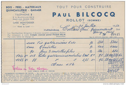 FACTURE 31 JUILLET 1954 PAUL BILCOCQ ROLLOT SOMME BOIS FER QUINCAILLERIE GARAGE - Droguerie & Parfumerie