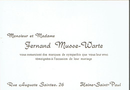 Ancienne Carte De Visite De M. Et Mme Fernand Musse-Wart, Rue A. Saintes, Haine-St-Paul (vers 1960) - Visitenkarten