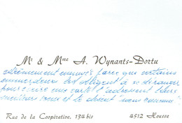 Ancienne Carte De Visite Autographe De M. Et Mme A. Wynants-Dortu, Rue De La Coopérative, Housse (vers 1967) - Cartes De Visite