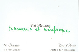 Ancienne Carte De Visite Autographe De Pol Houppe, Chaussée, Bois-d'Haine (vers 1965) - Visitekaartjes