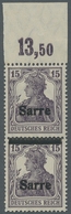Deutsche Abstimmungsgebiete: Saargebiet: 1920, "15 Pfg. Germania/Sarre Als Senkr. Paar Oben Nur Schr - Cartas & Documentos
