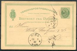 1880 Denmark 10 Ore Stationery Postcard, Kolding - Kiel Germany - Storia Postale