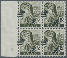 Saarland (1947/56): 1947, 2 Fr. Auf 12 Pfg. Schwarzoliv Mit Kopfstehendem Aufdruck, 4er-Block Vom Li - Brieven En Documenten