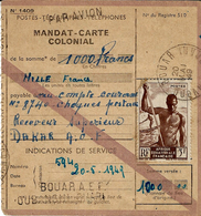 1949- " PAR AVION " MANDAT-CARTE / COLONIAL De DOUAR ( Oubangui-Chari ) Valeur 1000 F. TAXE 5 F. - Lettres & Documents