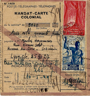 1949- MANDAT-CARTE / COLONIAL De BRAZZAVILLE R.P. ( Congo )valeur 3040 F. TAXE 9 F. - Covers & Documents