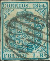 1º Y 2º Centenario. º34A. 1854. 1 Real Azul Claro. Color Intenso Y Márgenes Completos. MAGNIFICO Y MUY RARO. Cert. CEM Y - Altri & Non Classificati