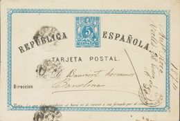 Entero Postal. Sobre EP1eb. 1874. 5 Cts Azul Sobre Tarjeta Entero Postal TEXTO DESPLAZADO A LA IZQUIERDA. VALLS A BARCEL - Autres & Non Classés