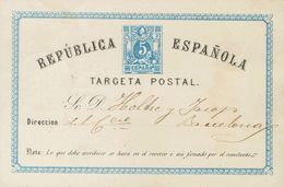 Entero Postal. Sobre EP5. 1874. 5 Cts Azul Sobre Tarjeta Entero Postal De VALLS A BARCELONA. Muestras De Tejido Adherida - Altri & Non Classificati