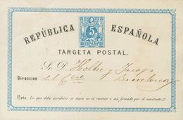 Entero Postal. Sobre EP5. 1874. 5 Cts Azul Sobre Tarjeta Entero Postal De VALLS A BARCELONA. Muestras De Tejido Adherida - Andere & Zonder Classificatie