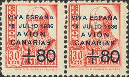 Canarias. **15, 15hc. 1937. + 80 Cts Sobre 30 Cts Carmín, Pareja. Un Sello Variedad TERCERA "A" DE CANARIAS MAS PEQUEÑA. - Other & Unclassified