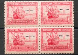 Cabo Juby. **/*44(3), 44hp. 1929. 25 Cts Rosa, Bloque De Cuatro. Un Sello Variedad "J EN LUGAR DE U", En Cabo Juby. MAGN - Cape Juby