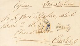 Filipinas, Prefilatelia. Sobre. 1851. MANILA A CADIZ. Baeza MANILA / ISS. FILIPS Y Marca FRANCO, Ambas En Azul (P.E.13)  - Altri & Non Classificati