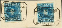 Marruecos. º20hx(2). 1908. 25 Cts Azul, Dos Sellos Sobre Fragmento. SOBRECARGA DE ARRIBA A ABAJO E Inutilizado Con El Ma - Sonstige & Ohne Zuordnung