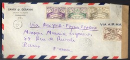 GUADELOUPE -  LETTRE 1945 AVEC VISA DE CENSURE MILITAIRE - QUATRE TIMBRES SERIE DE LONDRES N°190,193, 194 & 196 - Covers & Documents