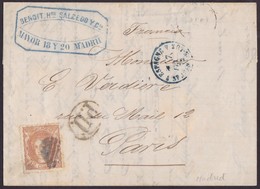 1872. MADRID A PARÍS. 12 CUARTOS CASTAÑO MAT. REJILLA ESPECIAL Y TRÁNSITO SAN JUAN DE LUZ. MUY BONITA. - Cartas & Documentos