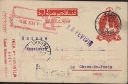 Entier Turquie Rouge CAD Smyrne 19 1 18 Recommandé Pour Chaux De Fonds Suisse Cachet Fred W Hornstein Agent - 1837-1914 Smyrne