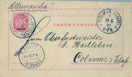 1892 , AZORES , PONTA DELGADA - COLMAR , ENTER POSTAL CIRCULADO , TRÁNSITO , LLEGADA - Ponta Delgada