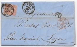 SUISSE - 1867 - Zum. 33 RARE Sur LETTRE De GENEVE => LYON Avec SUPERBE CACHET D'ENTREE - Brieven En Documenten