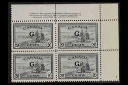 OFFICIALS  1950-52 20c Slate "Combine" Opt'd "G", SG O187, Never Hinged Mint Upper Right Imprint Corner Block Of Four. L - Andere & Zonder Classificatie
