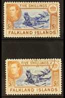 1938-50  KGVI 5s Blue & Chestnut, SG 161 & 5s Indigo & Pale Yellow Brown, SG 161b, Very Fine, Cds Used (2 Stamps) For Mo - Islas Malvinas