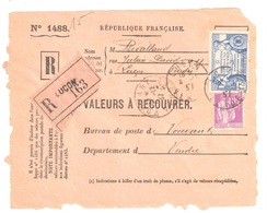 AUXERRE Yonne Valeur Recouvrer Gandon 3F 6F  Yv 715 720 Tf 1/1/46 Egleny Recommandé Formule Privée Ob Meca - Briefe U. Dokumente