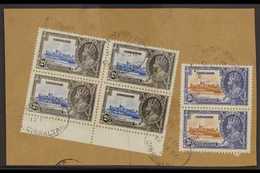 1935 SILVER JUBILEE VARIETY  A Large Piece Bearing A 2d Ultramarine & Grey-black Marginal Block Of 4 & A Vertical Pair O - Gibilterra