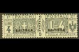 ERITREA  PARCEL POST 1916 4L Slate With Small "ERITREA" Overprint, Sassone 8 Or SG P60, Fine Mint Horizontal Pair, Signe - Other & Unclassified