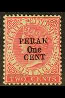 PERAK  1891 1c On 2c Bright Rose, Without Bar Over Original Value, Type 37 Overprint, SG 56, Very Fine Mint, Rare ! For  - Andere & Zonder Classificatie