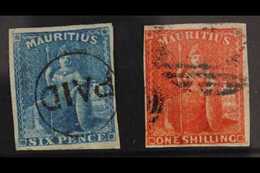 1859-61  6d Blue And 1s. Vermilion Britannias, SG 32 & 34, Each With Four Margins And Neatly Cancelled, The 6d With Circ - Mauritius (...-1967)
