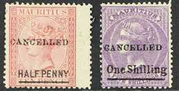 1877  ½d On 10d And 1s On 5s Bright Mauve Both Ovptd "Cancelled" (see Note After SG 82) Fresh Mint. (2 Stamps) For More  - Mauritius (...-1967)