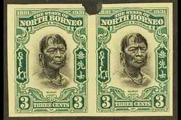 1931 IMPERF PLATE PROOFS.  1931 3c Black & Blue-green 'Head Of A Murut' (SG 295) Horizontal IMPERF PLATE PROOF PAIR From - North Borneo (...-1963)